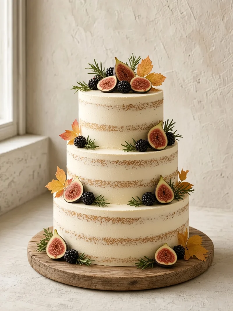 Semi-naked three-tier cake with figs, blackberries and rosemary