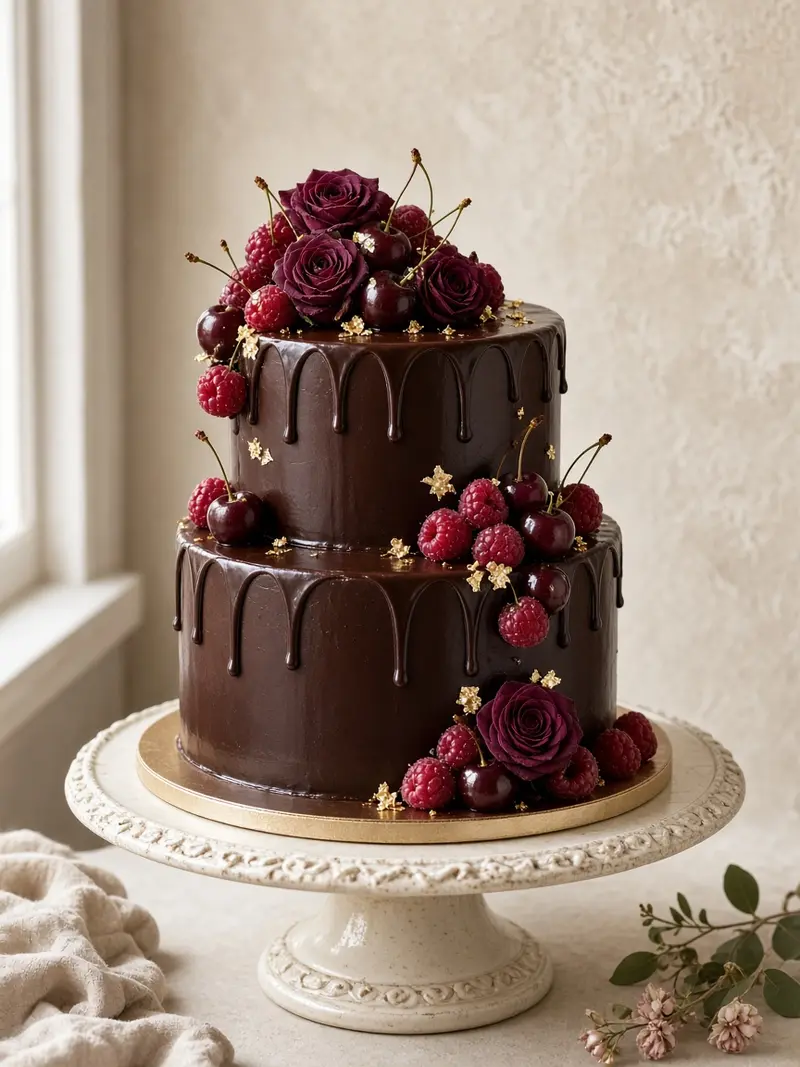 Two-tier chocolate ganache cake with cherries and raspberries