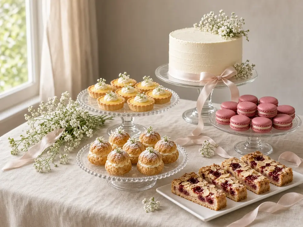 Dessert table with lemon tarts, macarons, choux buns, Bakewell slices and a cutting cake