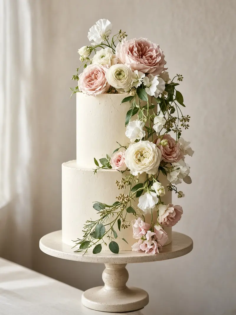 Two-tier buttercream cake dressed with garden roses and sweet peas