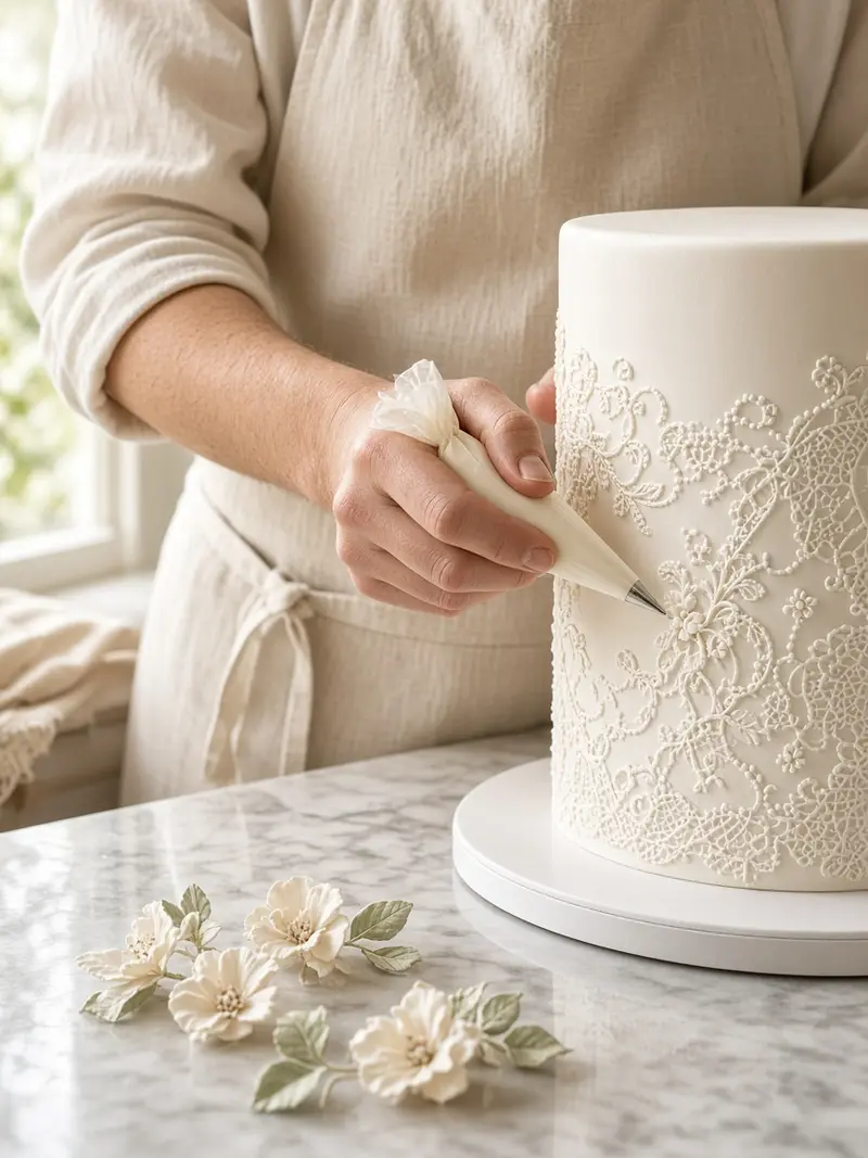 Hands piping royal icing lace onto a white cake tier