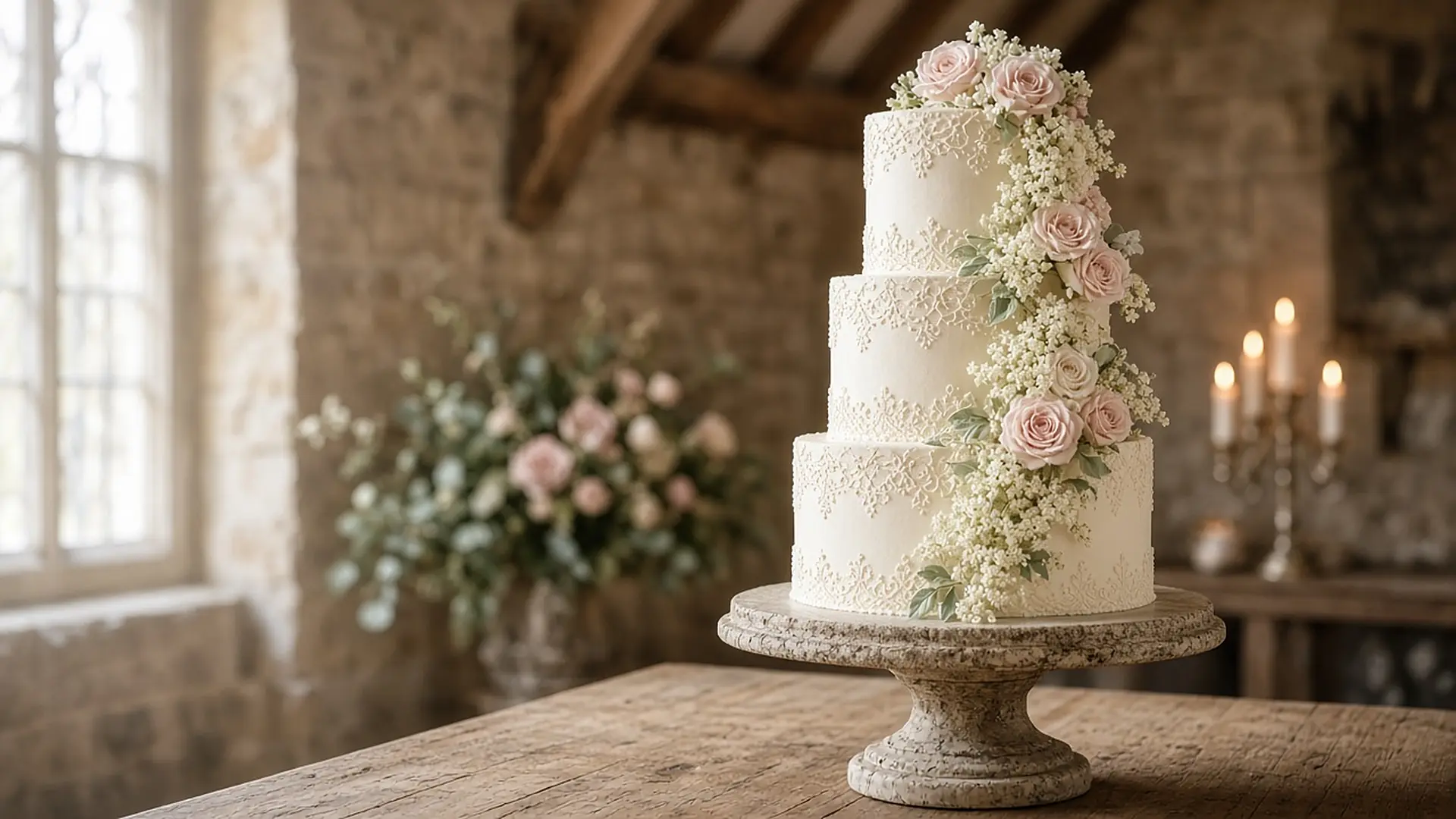 Four-tier ivory wedding cake with piped lace, blush sugar roses and elderflower in a stone barn