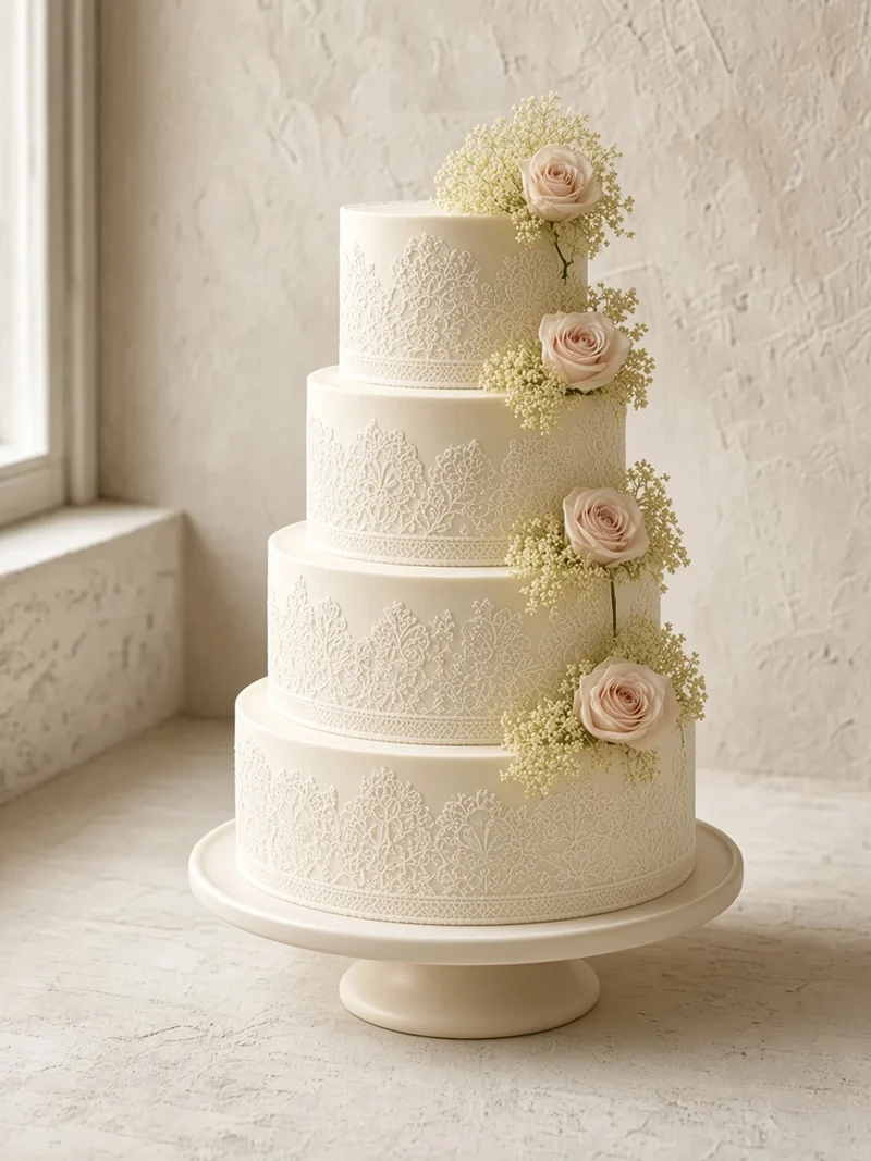 Four-tier ivory cake with piped lace, elderflower and blush roses