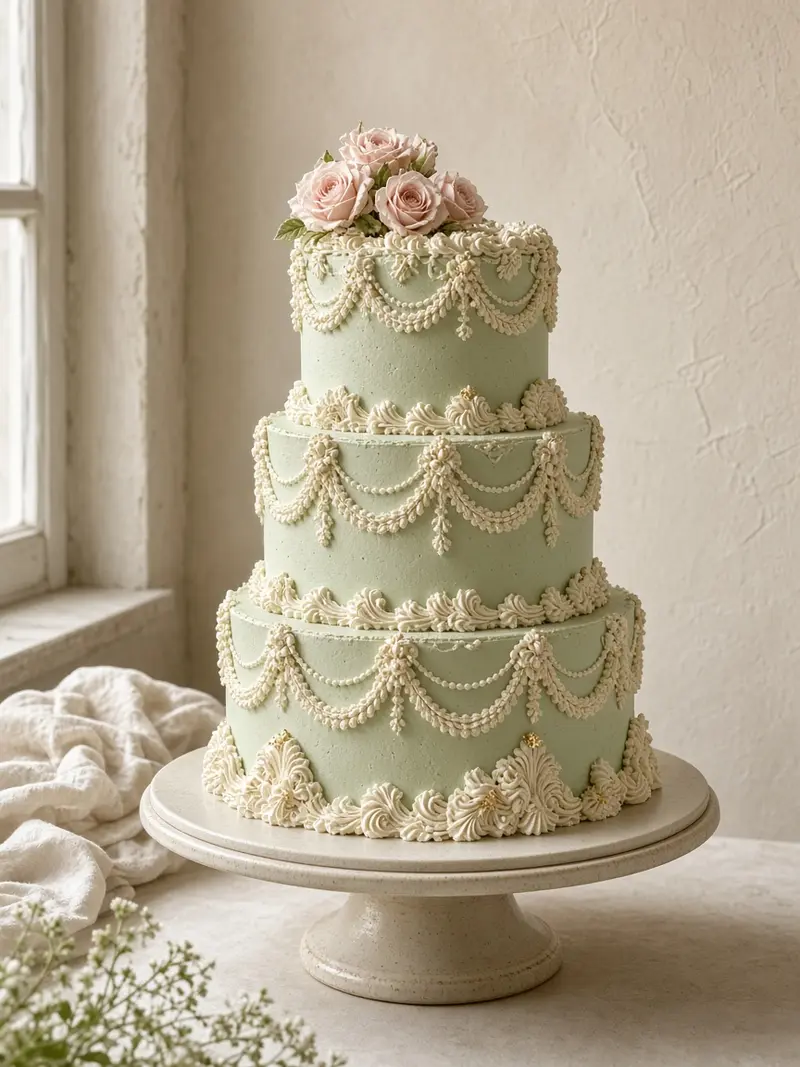Sage green three-tier cake with ivory vintage piping