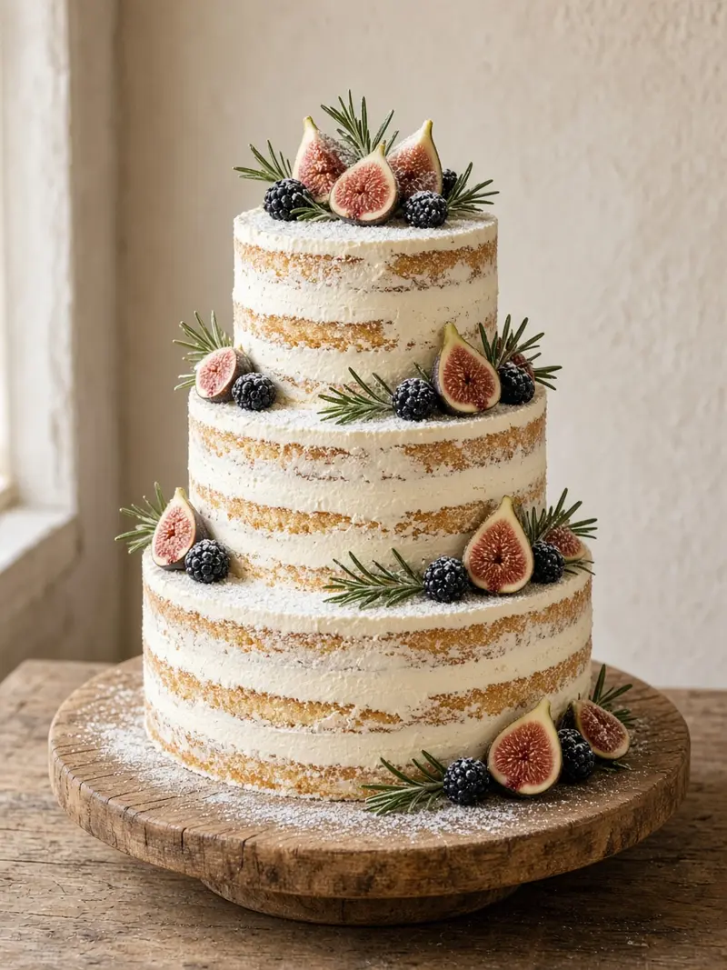 Semi-naked three-tier cake with figs, blackberries and rosemary