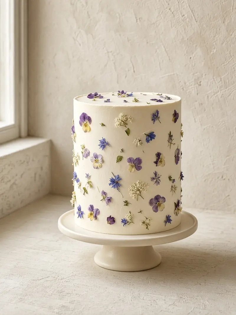Tall single-tier cake with pressed violas and cornflowers
