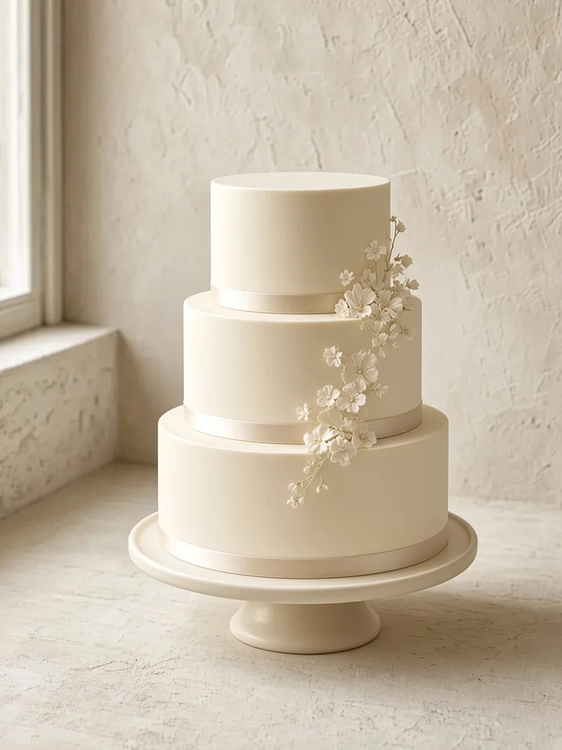 Smooth ivory three-tier cake with satin ribbon and white sugar flowers