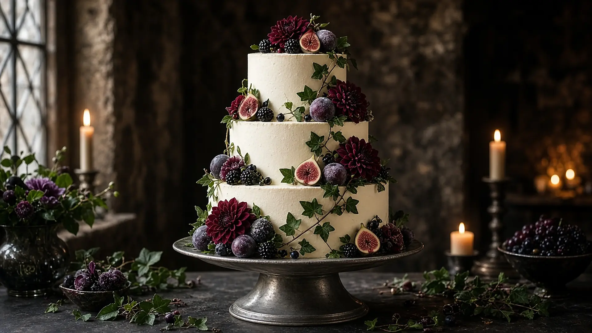 Three-tier cake with figs, plums, blackberries and burgundy dahlias by candlelight