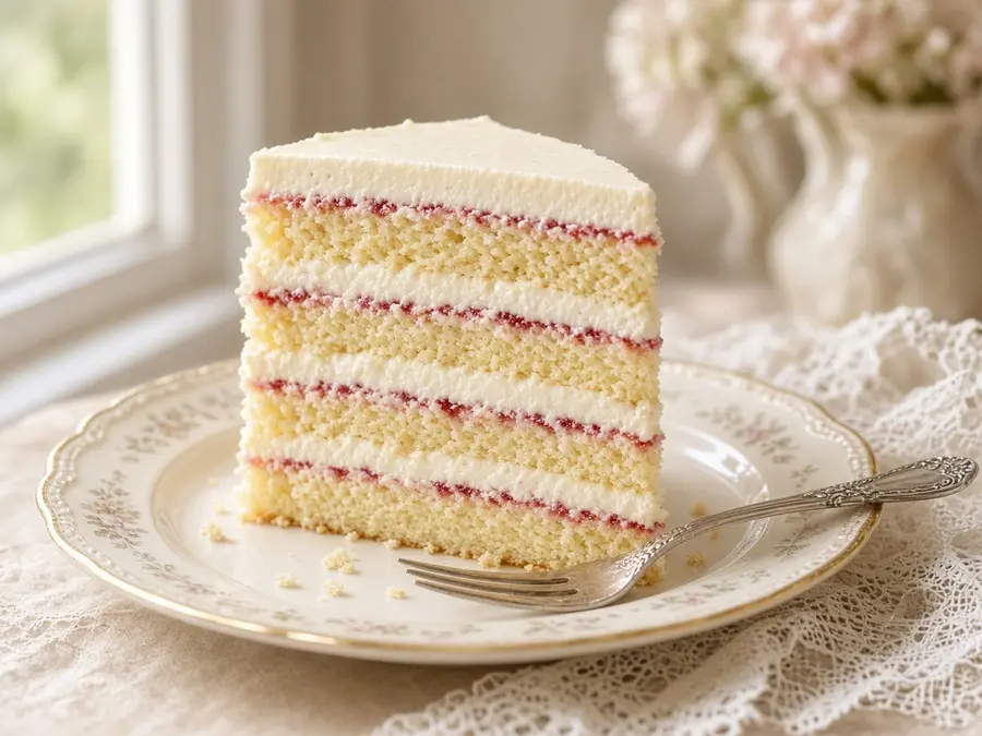 Slice of lemon and raspberry layer cake on a vintage plate
