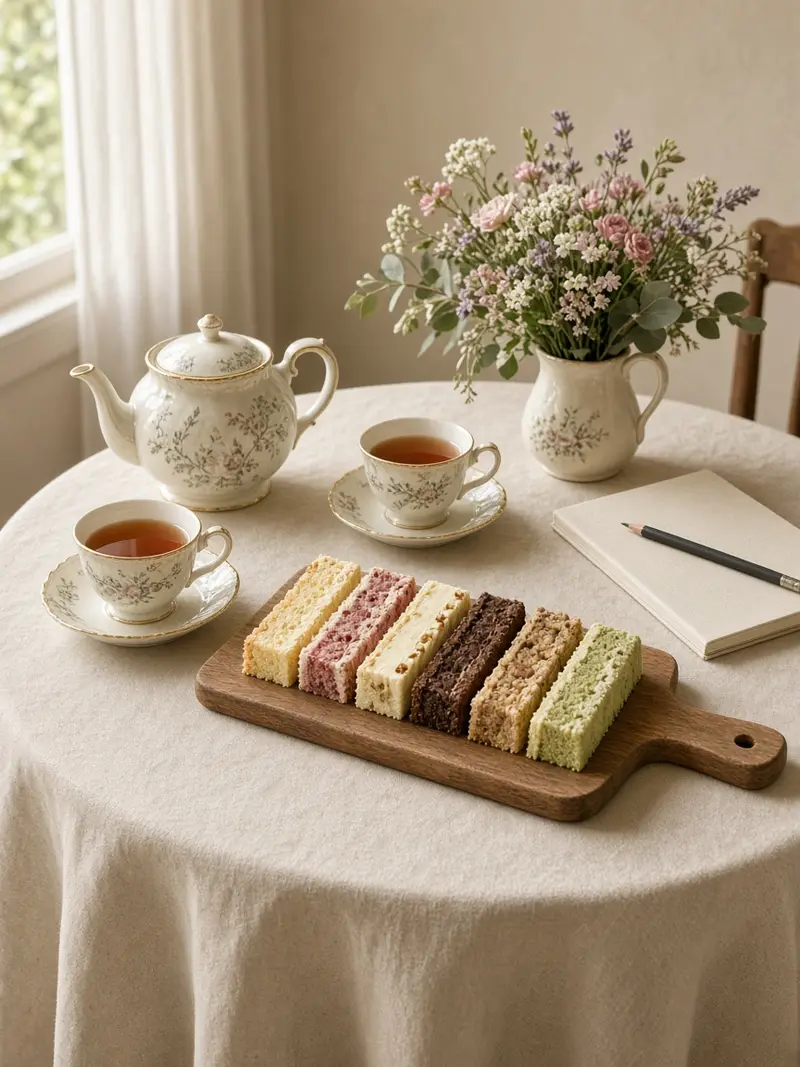 Tasting table with tea, six cake samples and a jug of garden flowers