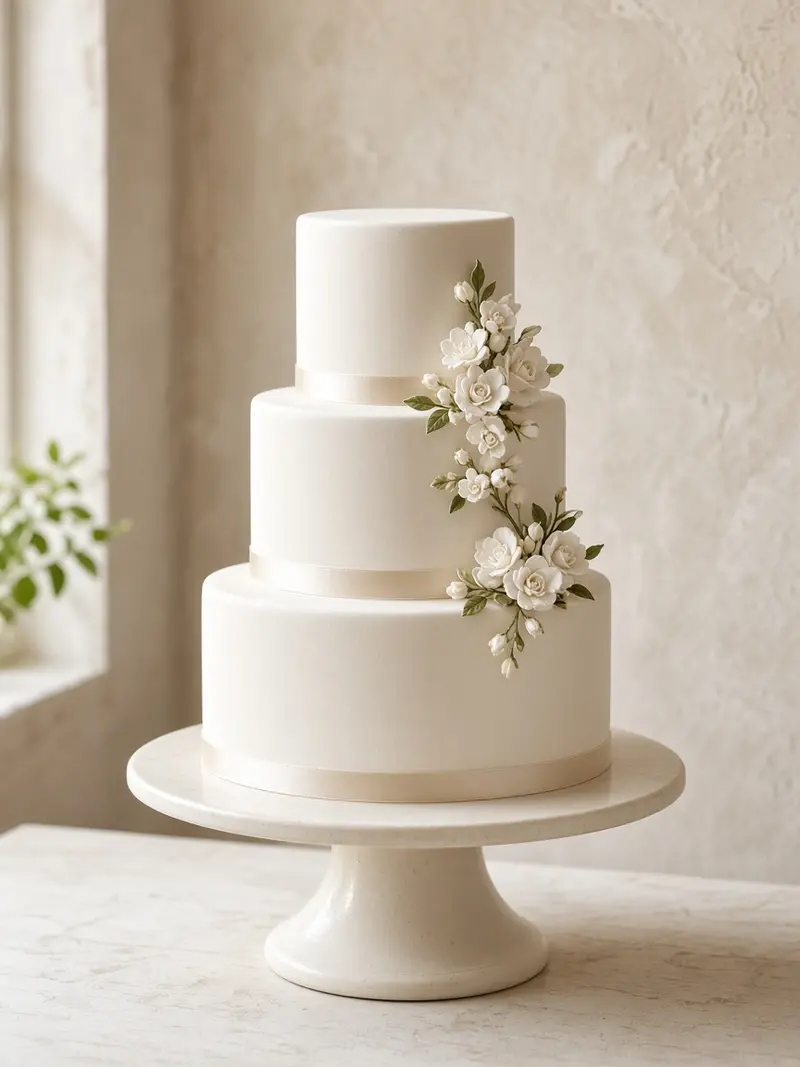Three-tier ivory wedding cake with satin ribbon and white sugar flowers